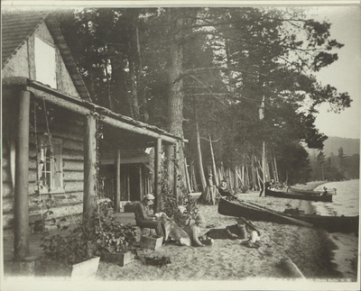 Campers on Golden Beach on Raquette Lake, NY, circa 1900.