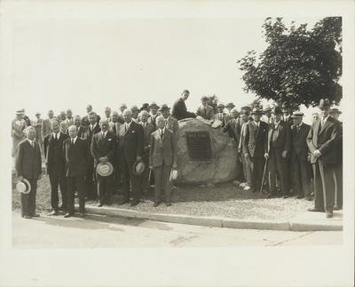 Group photo of General Electric employees at the dedication of Rice Road in Schenectady, NY, 1936. John S. Apperson, Jr. is in the back row on the left in a light colored suit.