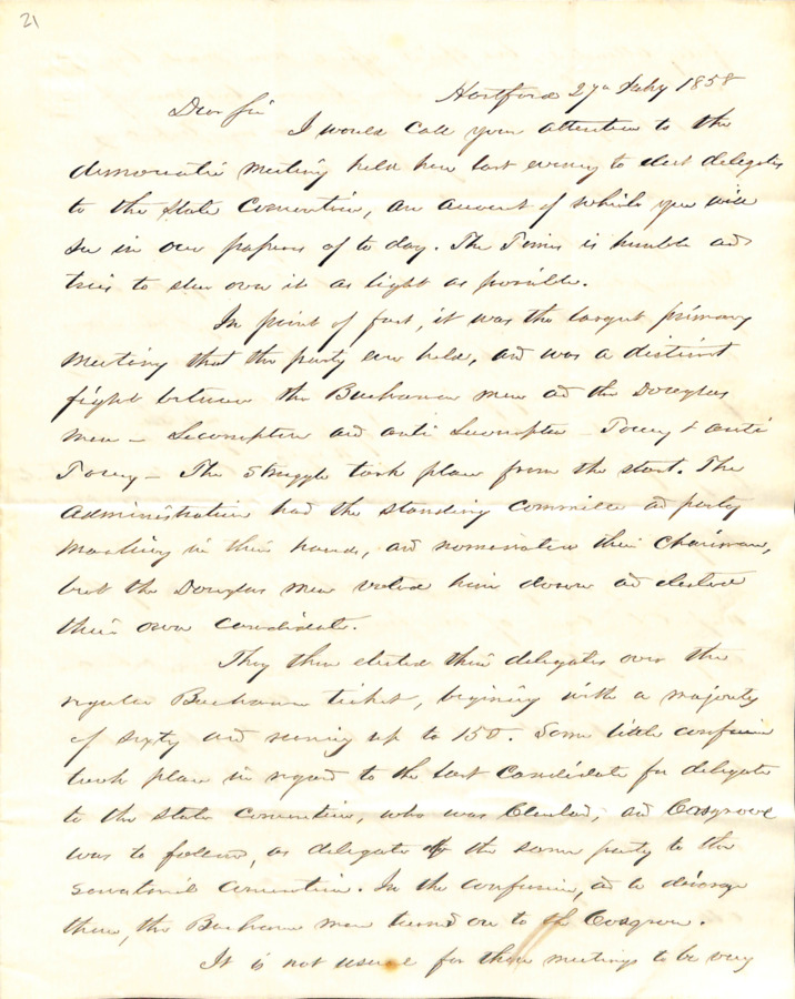 A letter to John Bigelow from Gideon Welles written on February 27, 1858