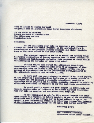 Paul Schaefer writes to George Marshall on November 7, 1945 to ask for Marshall's support in the fight against the proposed Panther Mountain and Higley Mountain dams.