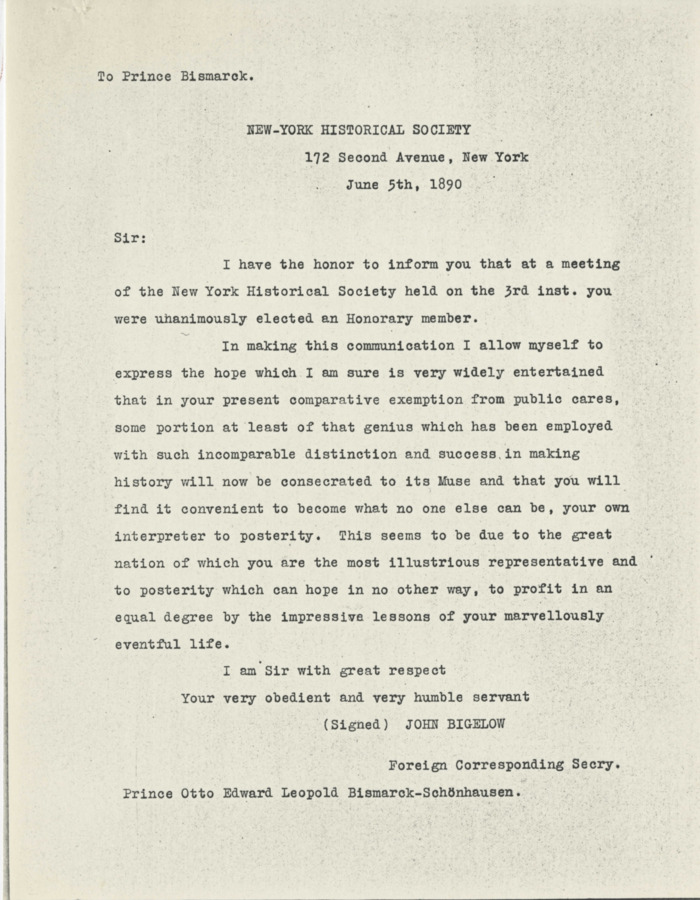 A typed letter to Otto von Bismarck from John Bigelow written on June 6, 1890