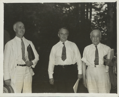 John S. Apperson Jr., Senator Ellwood M. Rabenold, and Colonel C. Seymour Bullock (left to right) at an annual meeting of the Forest Preserve Association of New York State during the 1930s. Photograph by J. S. Cawley.