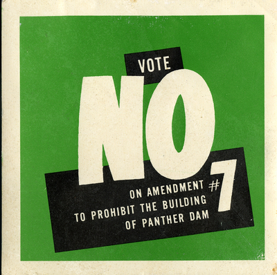 Green bumper sticker that reads: "Vote No on Amendment #7 to Profit The Building of Panther Dam." This is an example of efforts by the Adirondack Moose River Committee to publicize the Moose River Plains fight.