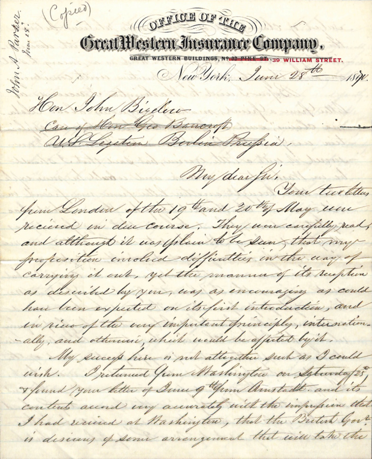 Letter from John A. Parker to John Bigelow from June 28, 1870