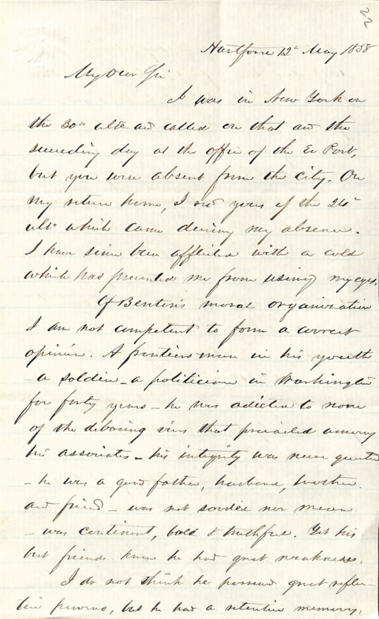 A letter from Gideon Welles  to John Bigelow written on May 12, 1858