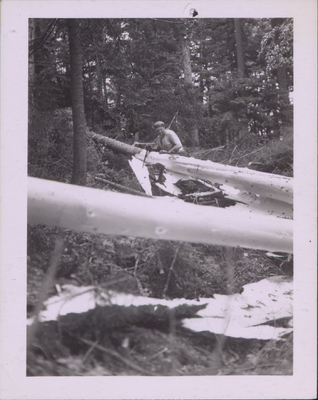 Lumberjack stripping bark and cutting logs for transport with a handsaw along the Upper Hudson River.