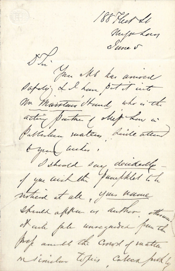 Letter from Charles Welford to John Bigelow from June 5, 1870