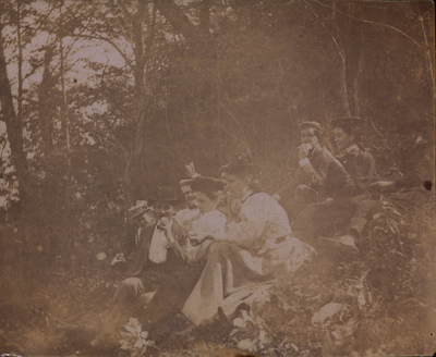 Nine men, women, and children in Edwardian dress picnicking in the Adirondacks, c. 1900.