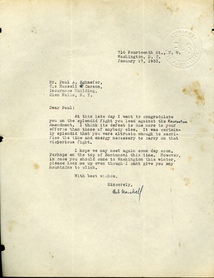 Robert Marshall writes to Paul Schaefer on January 17, 1933 to congratulate Schaefer on his successful fight against the Porter-Brereton amendment.