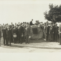 Group photo of General Electric employees at the dedication of Rice Road in Schenectady, NY, 1936. John S. Apperson, Jr. is in the back row on the left in a light colored suit.