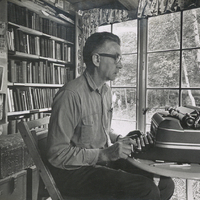 Paul Schaefer at his greatest environmentalist weapon: his typewriter.