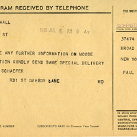 In this July 15th, 1945 telegram to Broad (Bob) Marshall, Paul Schaefer directs Marshall to make contact with any further information about the "Moose River Question."